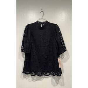 Nanette Leopore Mock Neck Black Lace Top Womens Size Medium Short Sleeve Classy